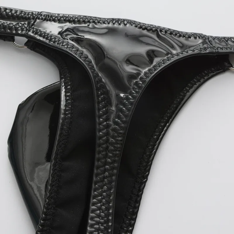 1st män glänsande läder midja med metallring G-strängar stringtrosor Gay Bulge påse Låg midja Stretchiga underkläder Rumpexponerande Sexig — image 4