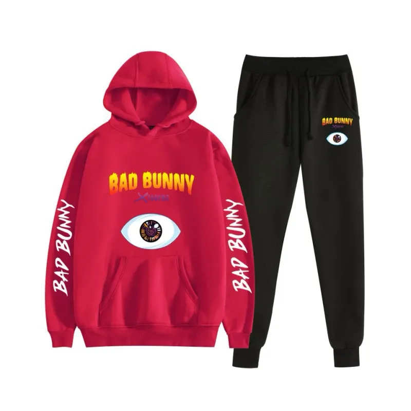 Harajuku confortável bad bunny impressão moletom moletom terno feminino hoodies + calças terno meninos/meninas 2 peça conjunto roupas — image 52
