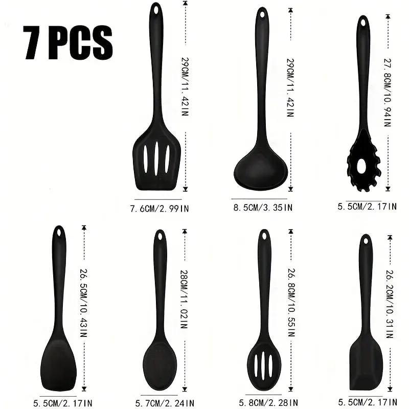 1 /7 részes szilikon konyhai edénykészlet - tapadásmentes, spatula kanál szkimmer tésztacsipesz és egyebek főzéshez és sütéshez — image 2