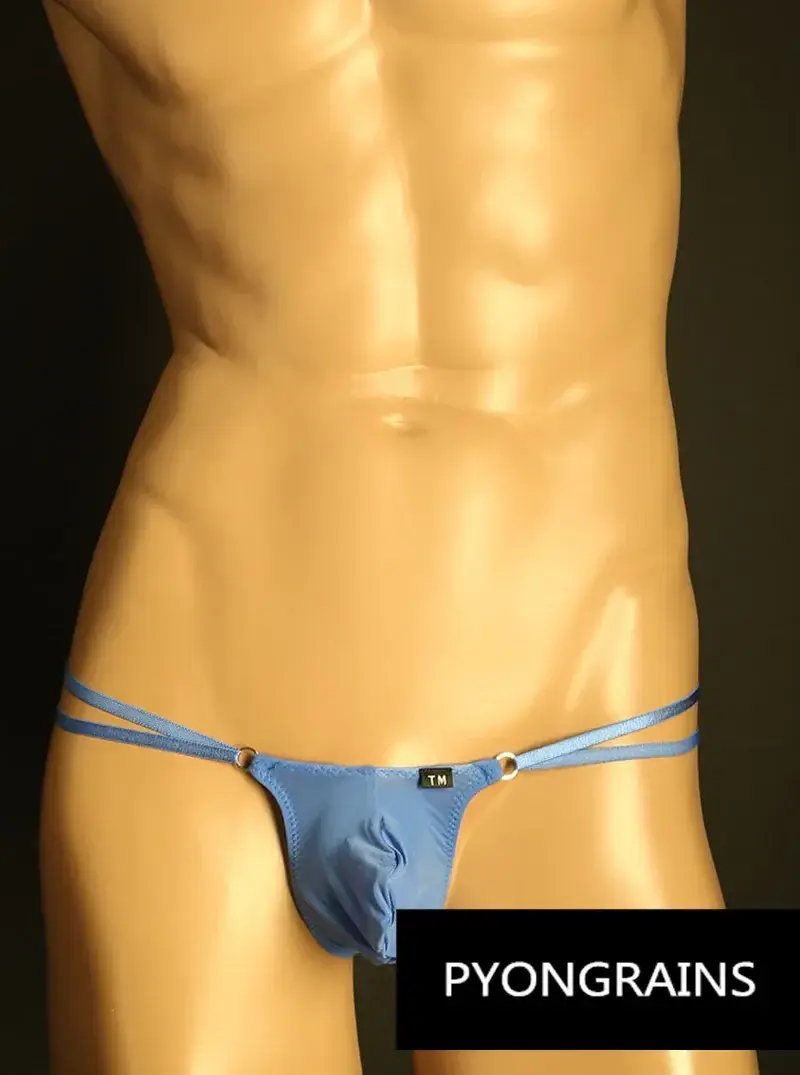 Homens ajustável metal o-ring dupla alça fina bikini briefs cintura baixa sedosa gelo seda 3d u bolsa convexa sexy roupa interior masculina