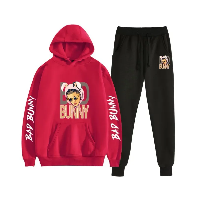 Harajuku confortável bad bunny impressão moletom moletom terno feminino hoodies + calças terno meninos/meninas 2 peça conjunto roupas — image 40