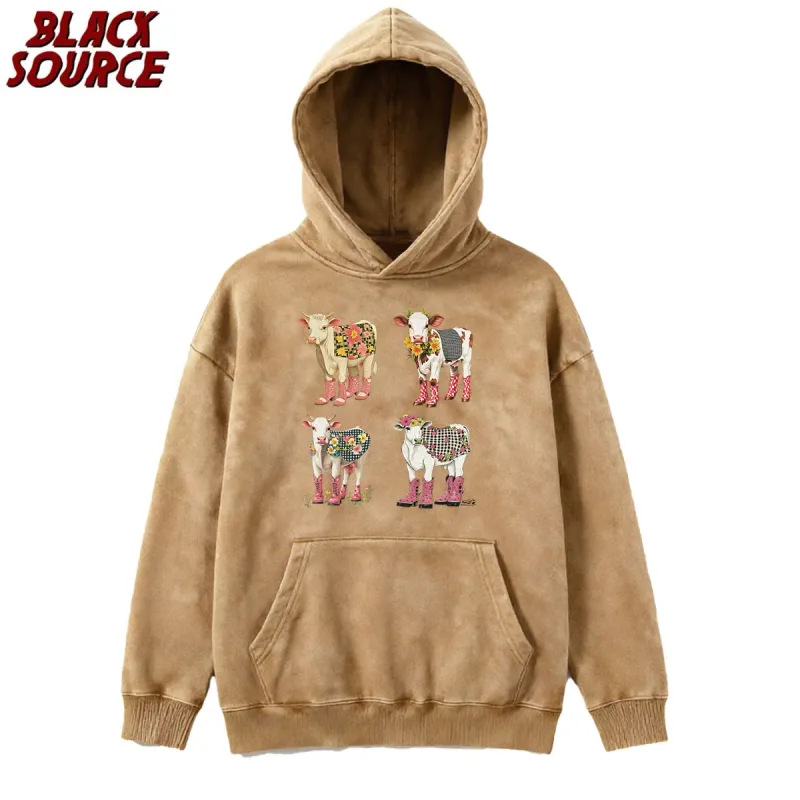 T078 Cute Cartoon Cow Print Hoodie, Washed Neutral Style Pullover Sweatshirt, Fashion Trend Casual Streetwear Daily Wear — image 3
