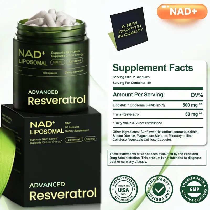 Liposomal NAD+ ADVANCED Supplement with Resveratrol - NAD Plus Capsules for Anti Aging Brain Function & Cell Regeneration