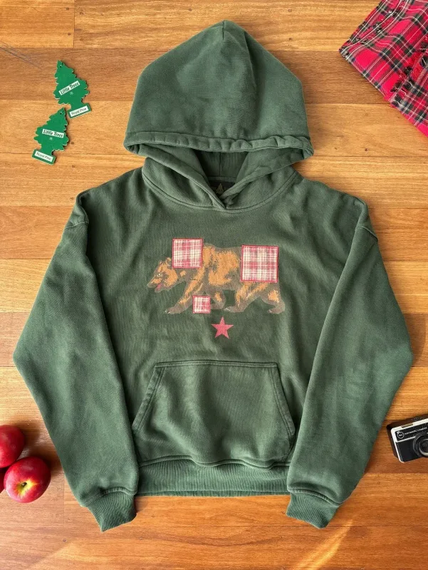 Vintage urso impressão hoodie masculino retro verde xadrez remendo pulôver moletom com capuz casual streetwear manga longa feminino hoodies topo