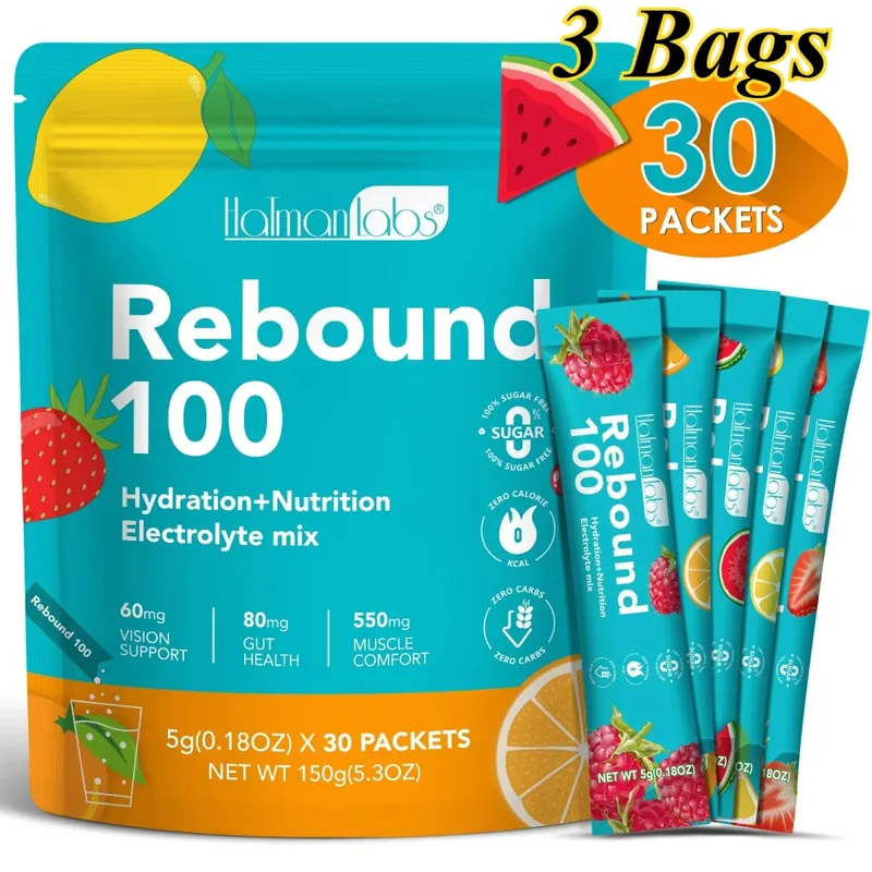HolmanLabs Rebound 100 elektrolit-kiegészítő por, cukormentes hidratálás, béllátás, izom egészsége C-vitamin B6 B12 30 csomag — image 9