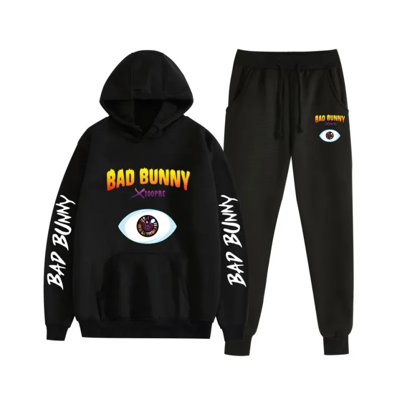 Harajuku confortável bad bunny impressão moletom moletom terno feminino hoodies + calças terno meninos/meninas 2 peça conjunto roupas — image 48