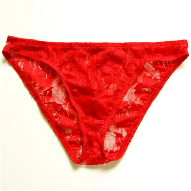Cuecas masculinas sexy de renda transparente, roupa íntima com perspectiva vazada de malha rosa, cintura baixa — image 6