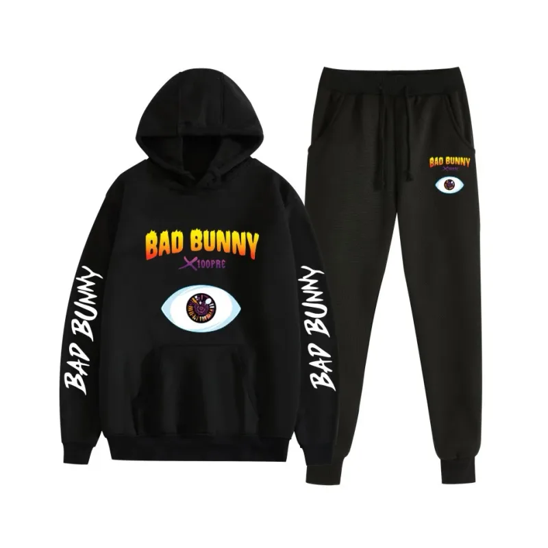 Harajuku confortável bad bunny impressão moletom moletom terno feminino hoodies + calças terno meninos/meninas 2 peça conjunto roupas — image 14