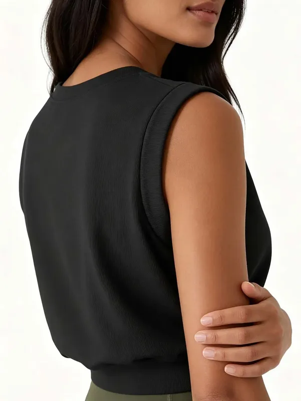 Lady's ribbed round-neck sleeveless fitted crop top solid color loose-fitting sports top casual fitness running yoga top — image 4