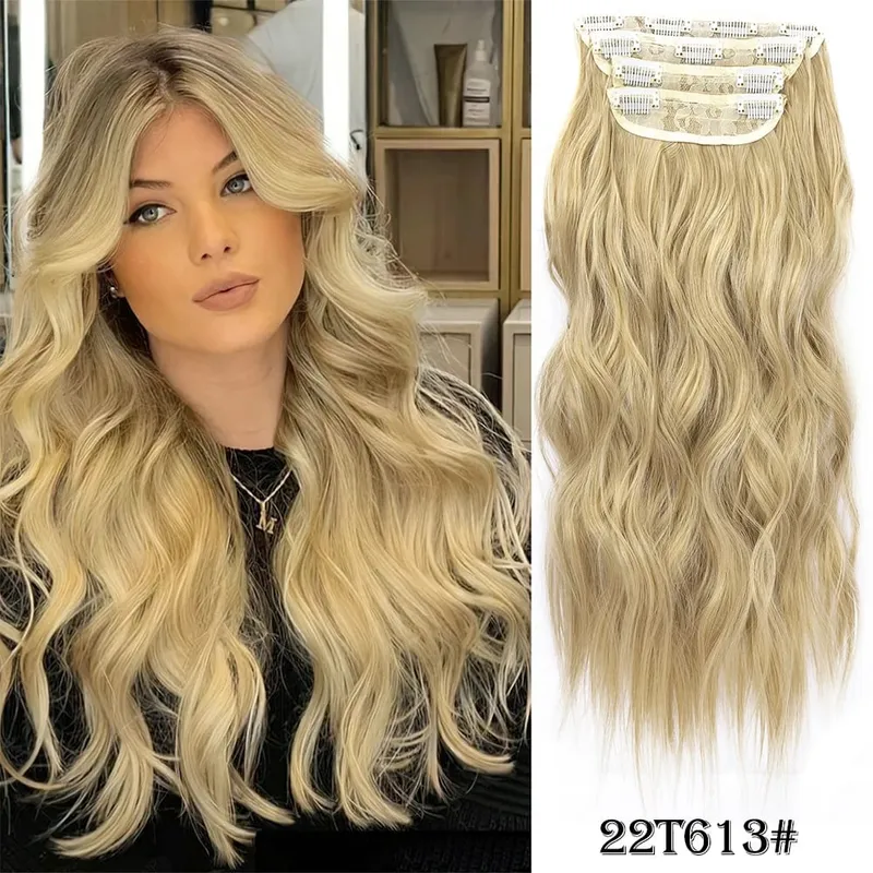 Leeons Wavy Clip In Hair Extensions 4 τμχ Φυσικά μαλακά μακριά κυματιστά Hairpieces Χοντρό διπλό κλιπ υφαδιού σε επεκτάσεις μαλλιών για γυναίκες — image 10