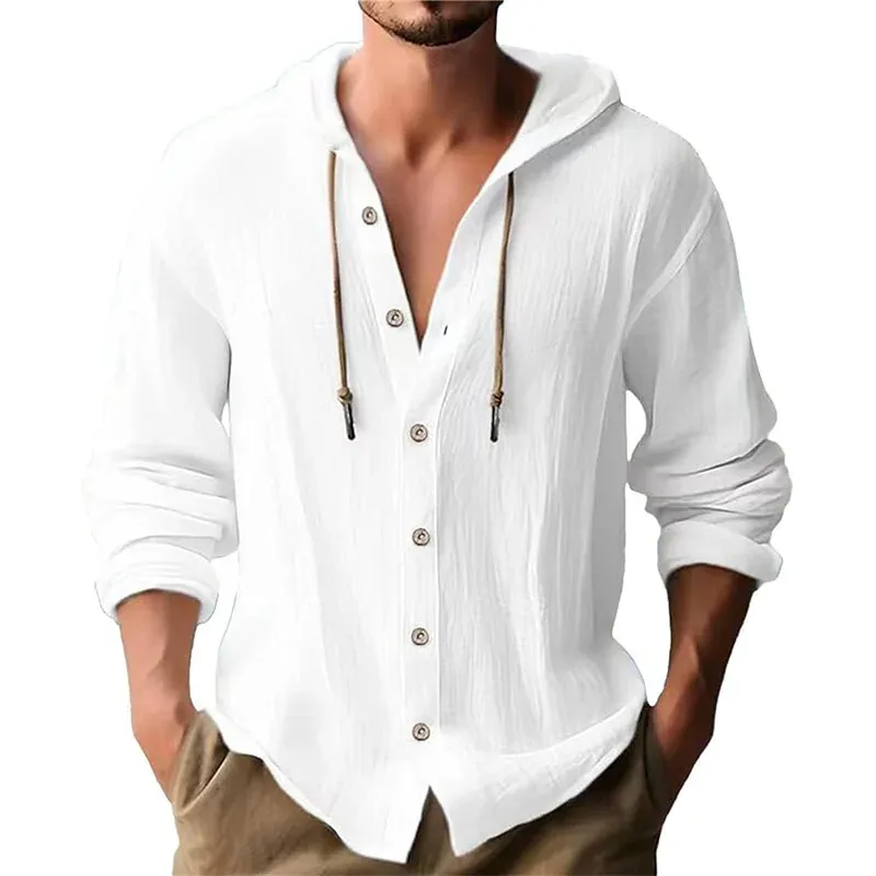 Enfärgad casual tröja för män, dragsko med luva Kofta i bomull och linne Trendig och mångsidig lös strand-t-shirt — image 4