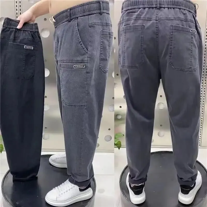 Harajuku Stretch Korea Streetwear Loose Solid Denim Jeans Elastic Waist for Men Spring Summer New plus size 7XL 8XL Casual Pants — image 14
