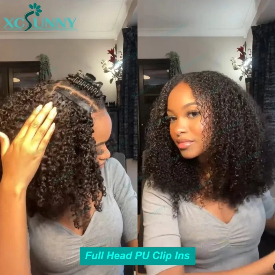 Kinky Curly Seamless Clip Ins Human Hair Burmese PU Clip In Human Hair Extensions Kinky Curly για μαύρες γυναίκες 240g Ολόσωμη κεφαλή — image 2