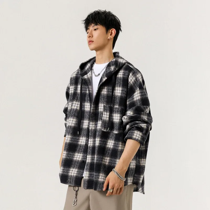 Y2K Loose Plaid Hooded Jacket Men Fashion High Street Large Sized Cardigan Outerwear Man Korean Vintage Single Breasted Hoodies — image 3