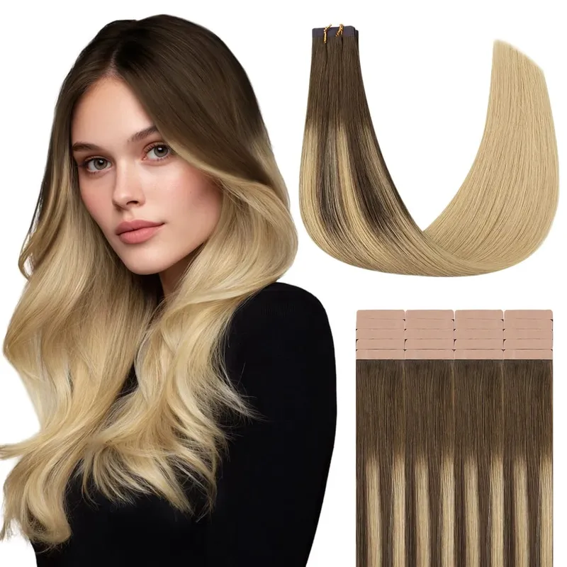 Sunmofavo Tape In Remy Human Hair Extensions Παχιά μεταξένια ίσια φυσική καφέ αόρατη ταινία 20 τμχ. — image 21