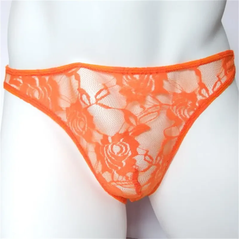 Cuecas masculinas sexy de renda transparente, roupa íntima com perspectiva vazada de malha rosa, cintura baixa — image 7