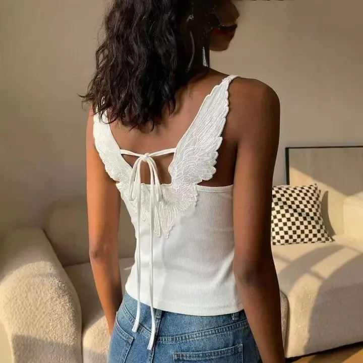 כנפי זווית לבנים רקומות Camis Y2K סקסית ללא שרוולים ללא גב רצועות עניבת פרפר דק וסט אישה גופיית קיץ