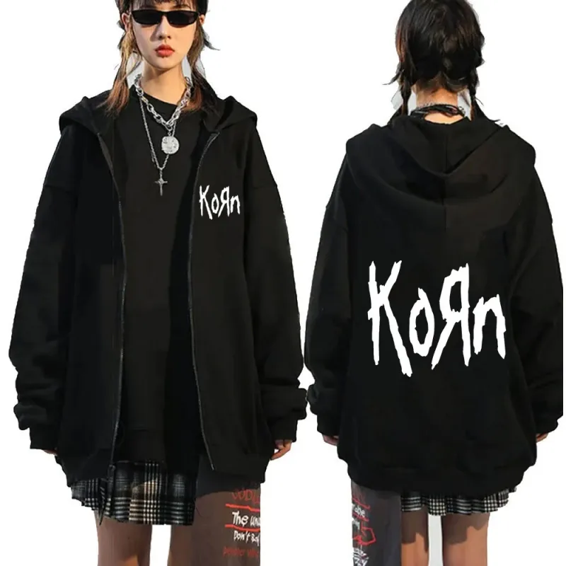 Korn rock band carta logotipo zíper hoodie masculino metal gótico vintage oversized zip up hoodies streetwear punk camisolas jaquetas