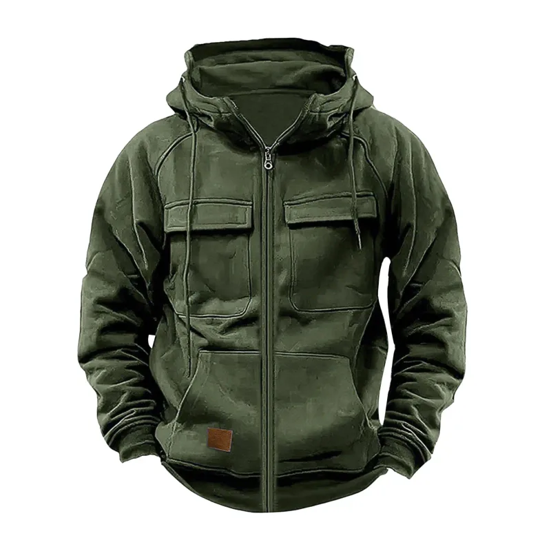New Autumn Winter Men's Hooded Solid Hoodies Jackets Multi Pockets Male Zipper Sweatshirts Sports Outdoor Casual Hoodie Coat — image 4