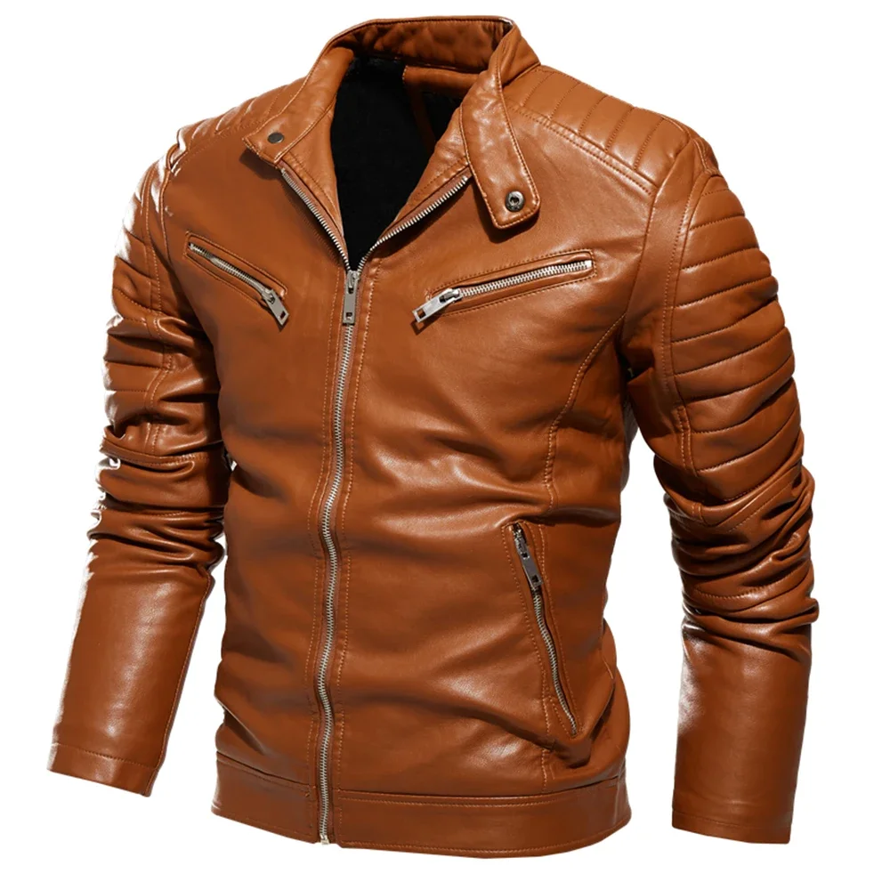2025 Winter Black Leather Jacket Men Fur Lined Warm Motorcycle Jacket Slim Street Fashion BLack Biker Coat Pleated Design Zipper — image 3