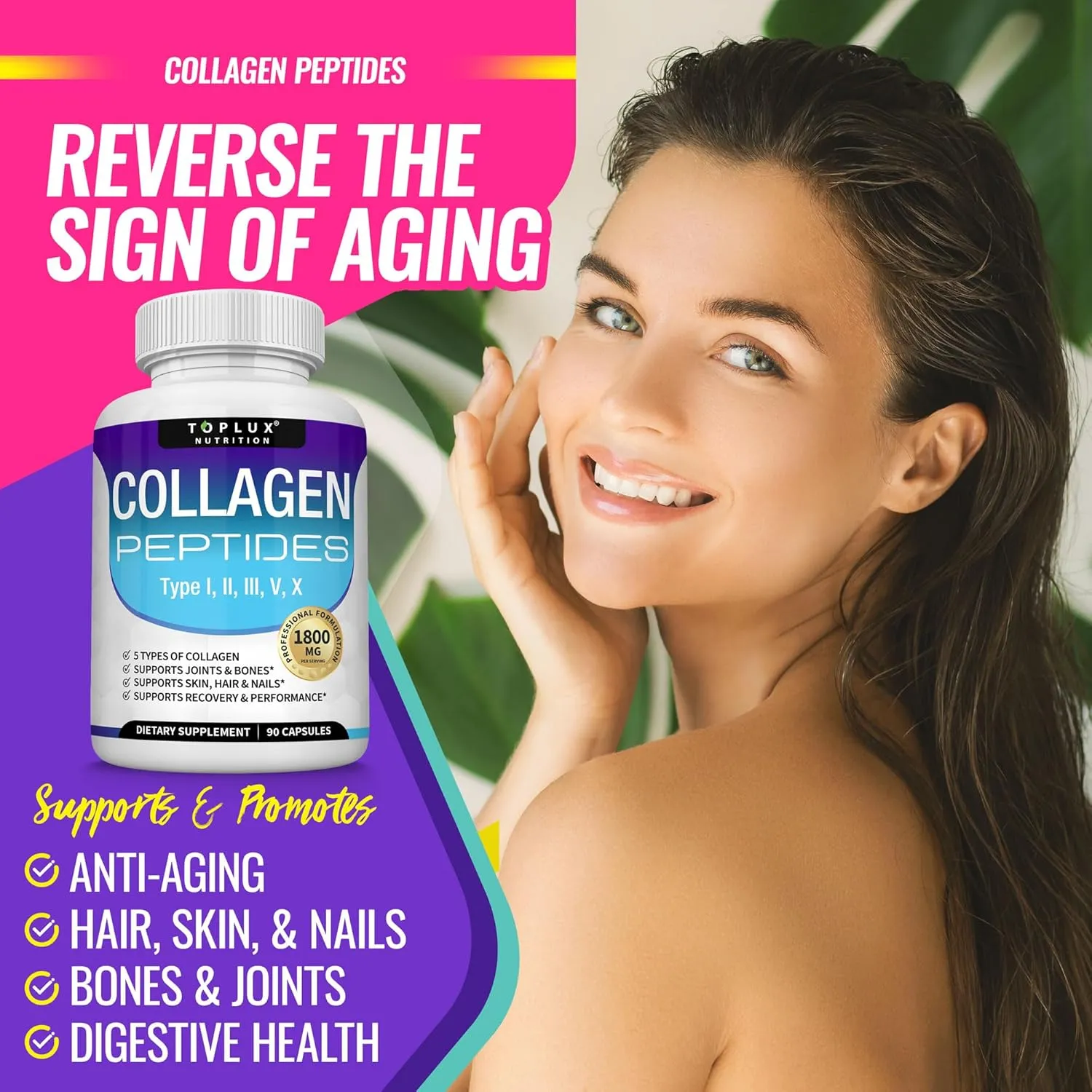 Multi Collagen Peptides Capsules 1800mg - Hydrolyzed Protein Collagen Complex Pills Promotes Skin & Hair Joint for Men Women