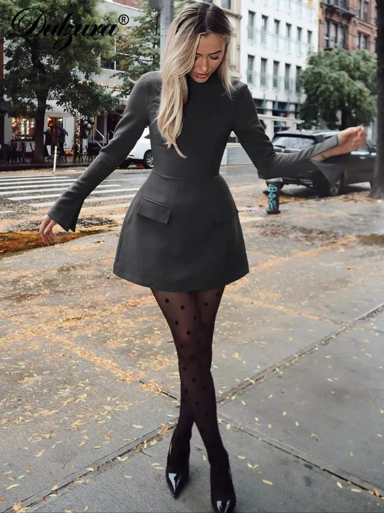 Μίνι φόρεμα Dulzura με φερμουάρ Bodycon με μονόχρωμη τσέπη Κομψή στολή Γραφείο Streetwear Γυναικεία φθινοπωρινά χειμωνιάτικα ρούχα