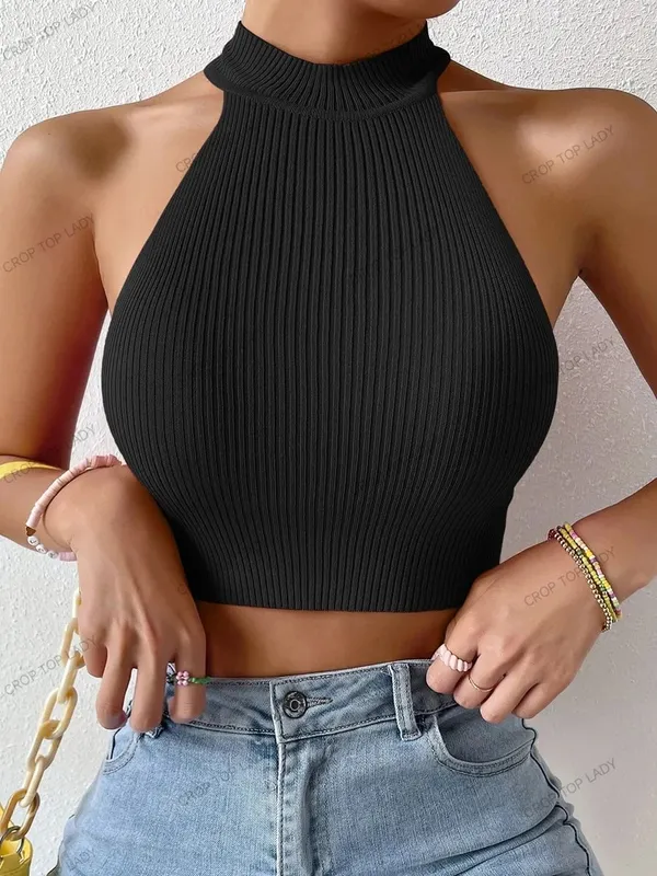 2026 tavaszi női alapok Solid alkalmi szexi bordázott kötött ujjatlan fűző Halter Crossfit Crop Tops Y2k ruhák női felső — image 3
