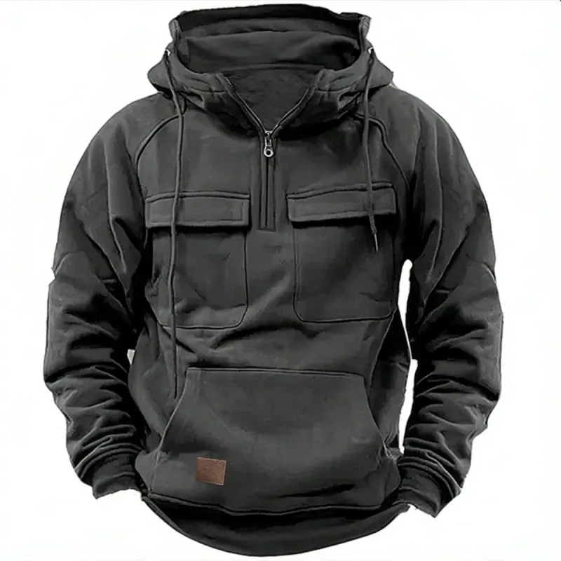 Novo outono-inverno masculino com capuz de cor sólida casual hoodie-moda jovem multi-bolso remendo moletom com capuz pulôver camisa — image 5