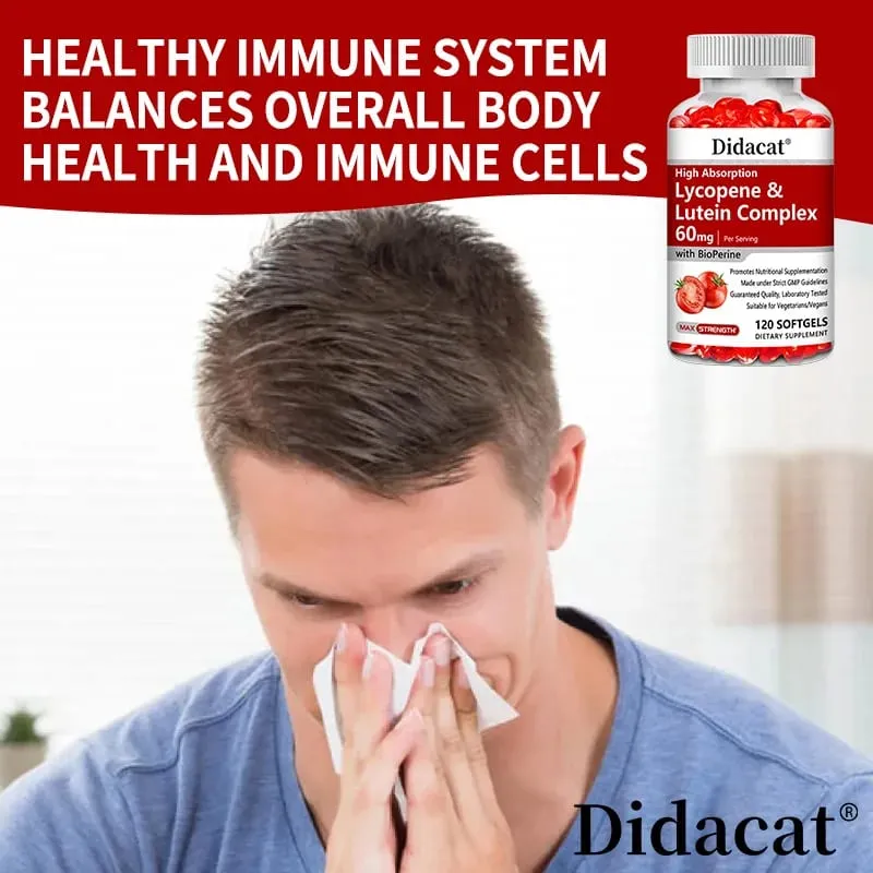 Lycopene & Lutein Complex 60mg Capsules with Bioperine Antioxidant Supports Prostate Heart Eye & Urinary System Health