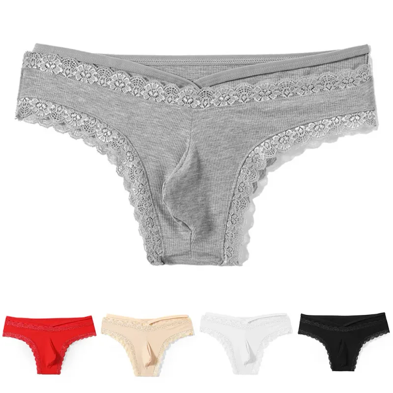Men Lace Rrim Sissy Gay Seamless Briefs Underwear Mid Waist Bulge Pouch Lingerie Solid Men's Lace Edge Lingerie — image 8