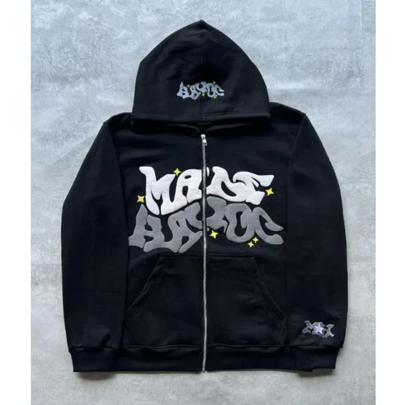 Moletom masculino retrô americano com zíper estampado com capuz unissex outono e inverno cardigan aberto — image 1