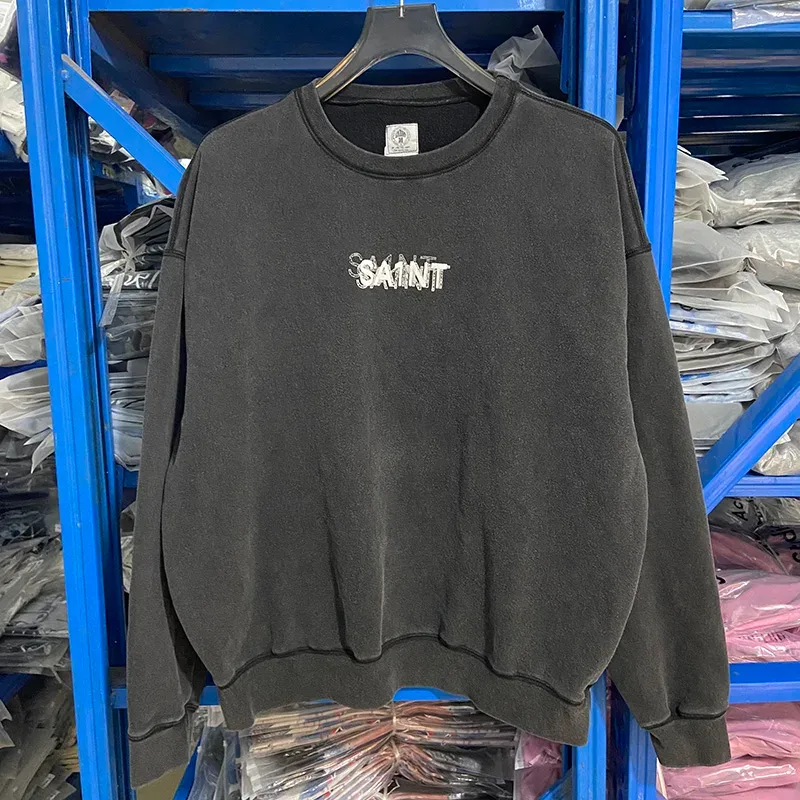 Autumn Winter Classic Overlapping Logo Print Saint Sweatshirts Men Women Couple Colorful Letters Graffiti Washed Black Pullovers — image 5