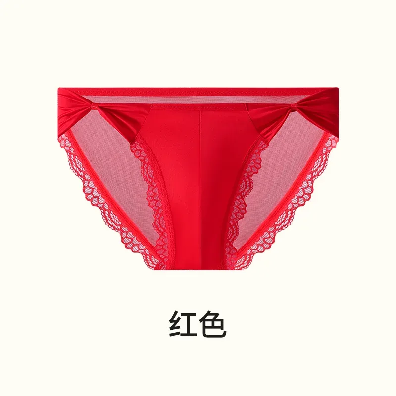 Women Panties for Men Bow High Cut Briefs Lace Mesh Sheer Underwear U Convex Pouch Breathable Underpant French Style Nightwear