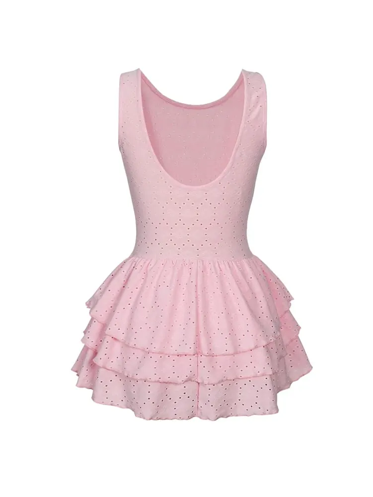 Summer 2026 New Arrival: Women's Solid-Color Floral-Printed Embroidered Ruffled-Hem Sleeveless Mini Dress — image 3