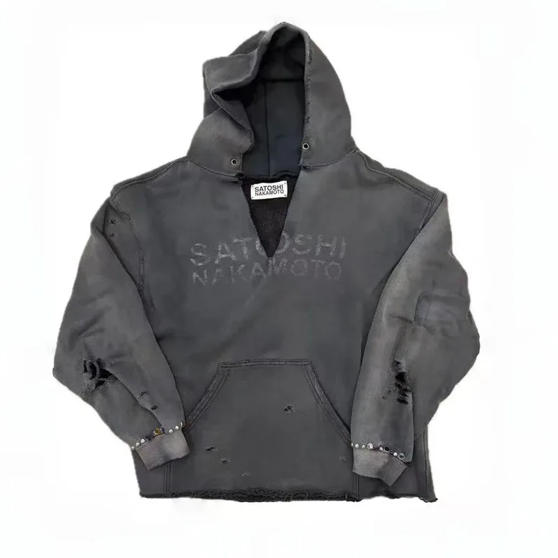 26SS Autumn Winter New Arrival Satoshi Nakamoto Hooded Sweatshirts Destructo Studded Washed Cotton Hooded Unisex Pullover — image 29