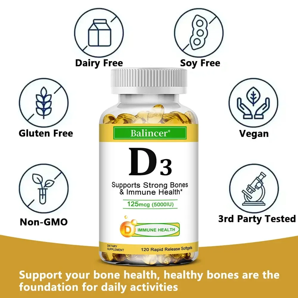 Συμπλήρωμα διατροφής Balincer Vitamin D3 5000 IU (125 mcg) για οστικά δόντια Μύες και Υποστήριξη Ανοσοποιητικής Υγείας 30/60/120 Softgels — image 6