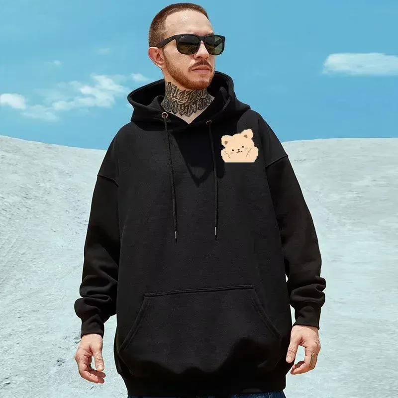 M-8XL Style américain rue marron mignon ours imprimé sweat à capuche Couple sweat à capuche étudiant grand doux velours à capuche pull — image 4