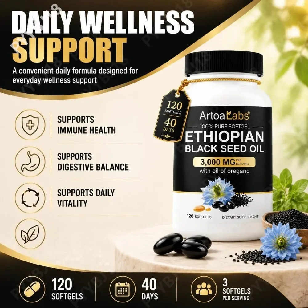 Etióp feketemag olaj 3000 mg lágyzselé oregánóolajjal támogatja az immunrendszer egészségét, az emésztés egyensúlyát és a napi vitalitást 120 Count — image 2
