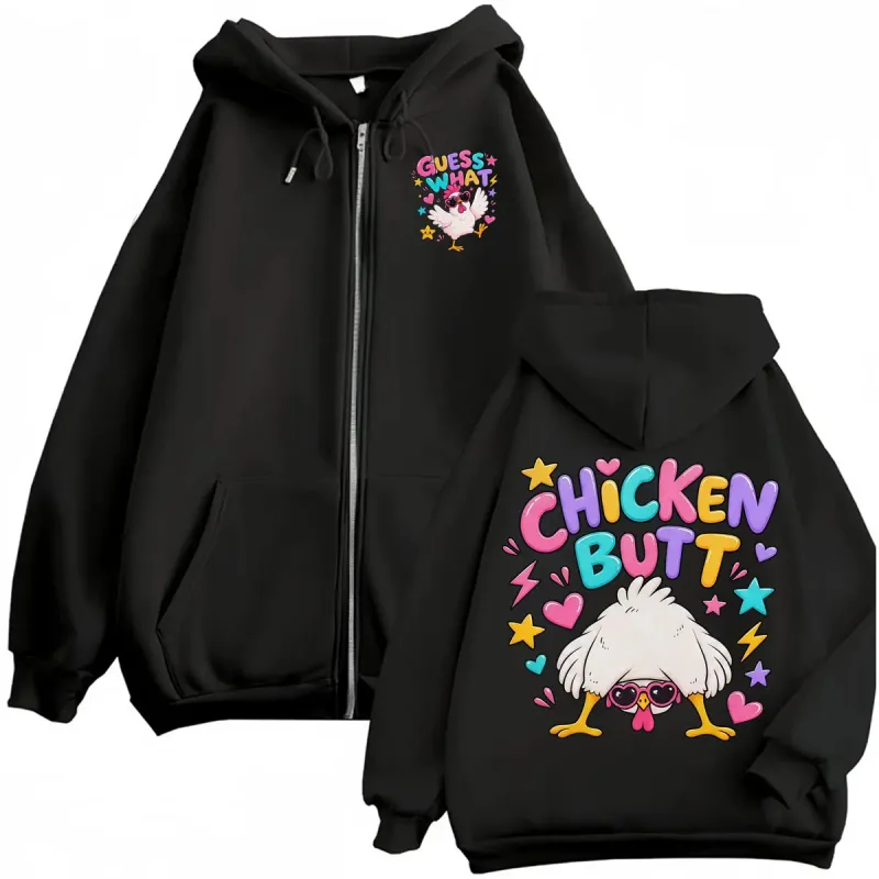 Guess What Chicken Butt Funny Cute Zip Up Hoodies Men Women Harajuku Cartoon SweatshirtS Jacket Coats High Quality Zipper Hoodie — image 1
