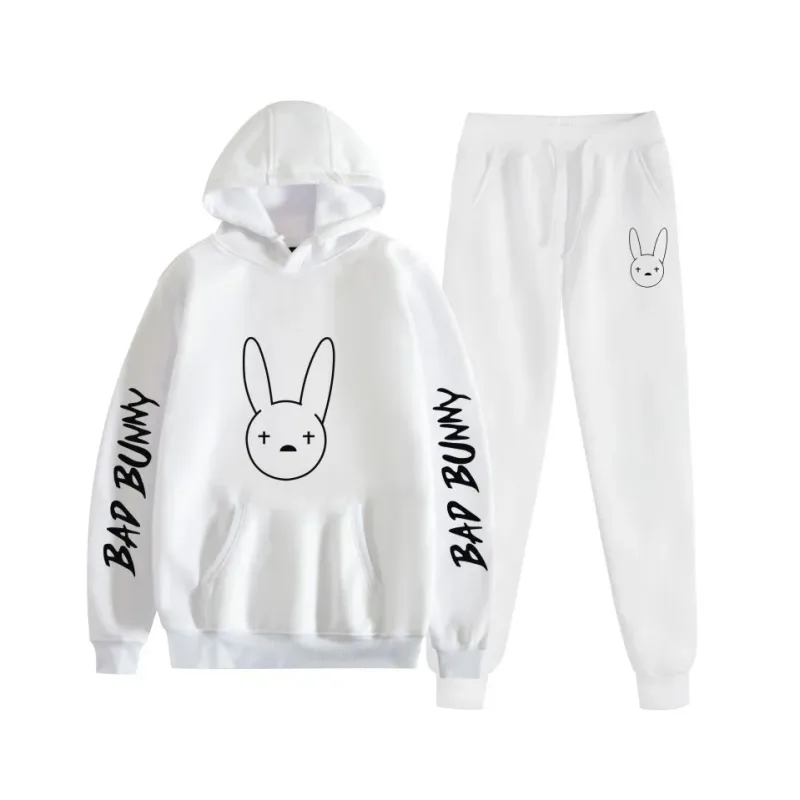 Harajuku confortável bad bunny impressão moletom moletom terno feminino hoodies + calças terno meninos/meninas 2 peça conjunto roupas — image 9