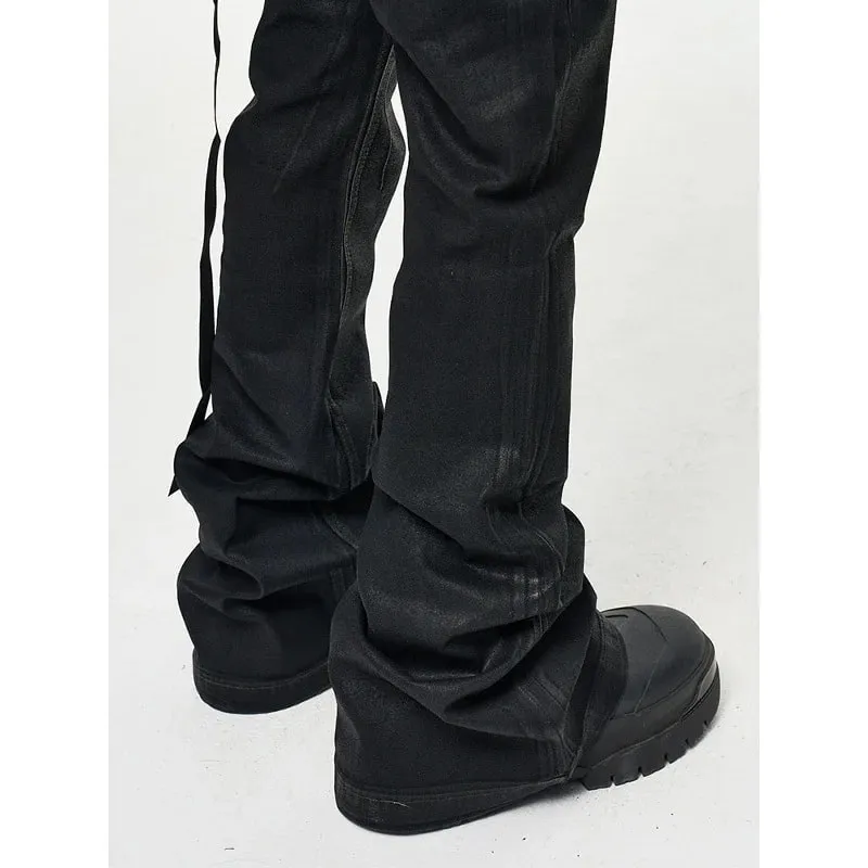 2026 High Street Coated Brushed Micro-flared Floor-length Jeans for Men Retro Street Wear Loose Micro-elastic Waxed Pants