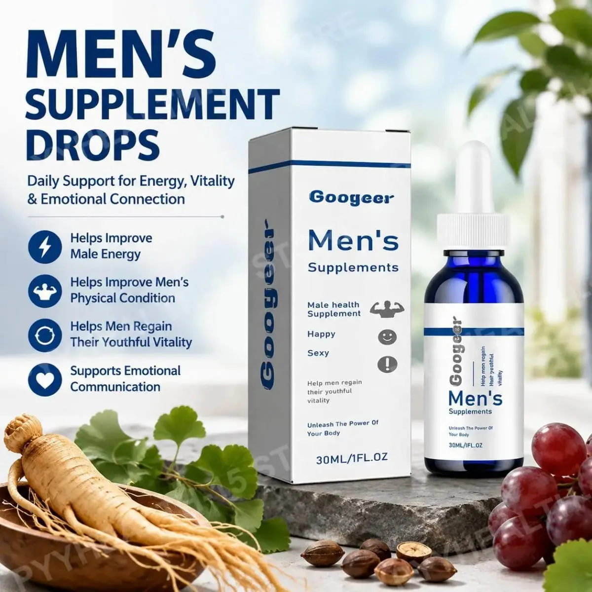 Men's Supplements Drops with Panax Ginseng Ginkgo Biloba Grape Seed and Vitamin B12 for Energy & Daily Vitality Support 30 ML — image 2