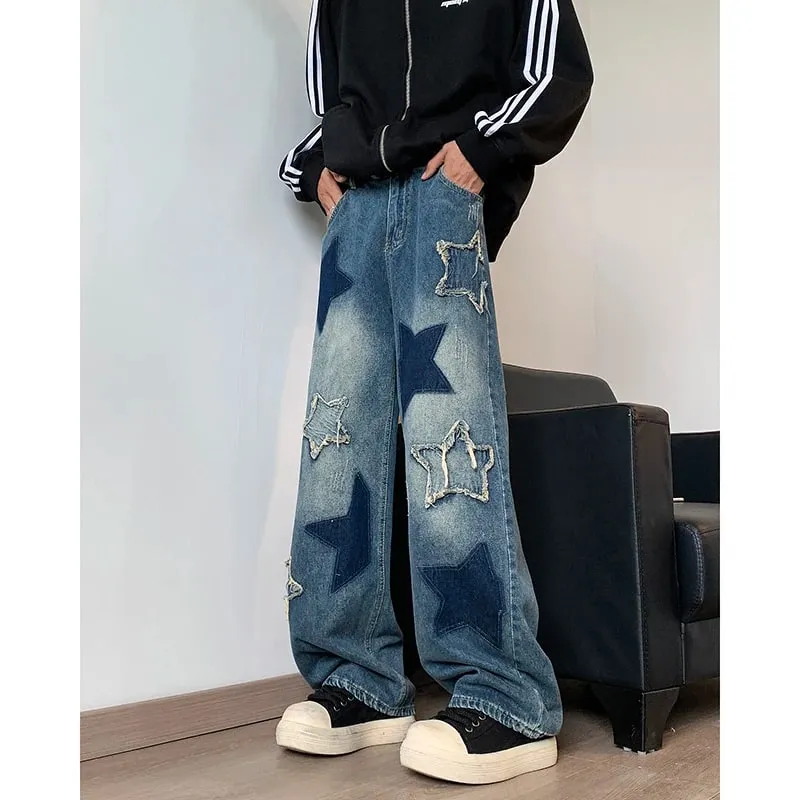 Farmer Férfi Egyenes csillag hímzés Patchwork őszi farmer Uomo széles lábú Hip-hop divat Ifjúsági semleges utcai viselet farmer nadrág