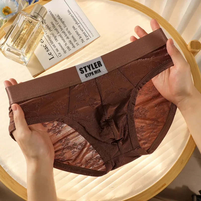 1/3PCS Sexy Perspective Men's Briefs Luxury Jacquard Smooth Ice Silk Mens Intimate Underwear Breathable 3D Mesh Pouch Lingerie — image 21