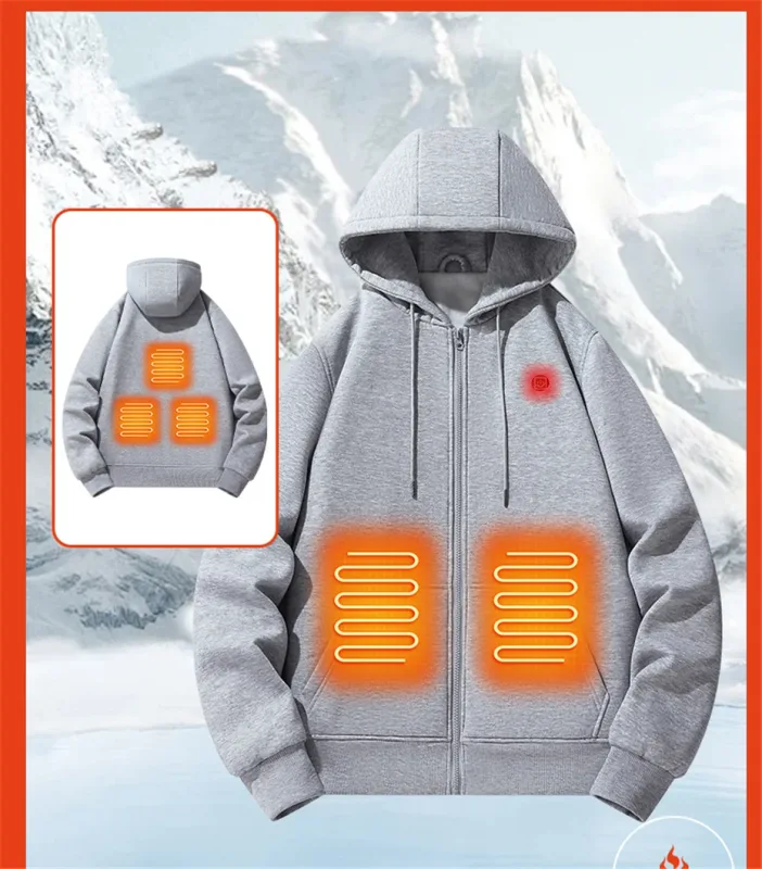 Hoodies de aquecimento usb masculino inverno elétrico aquecido hoodies jaquetas com zíper aquecido com capuz infravermelho 5 áreas de aquecimento jaqueta preto cinza — image 5