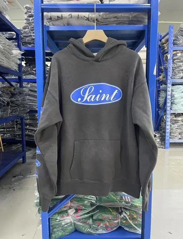 25FW Washed Grey SAINT Hoodies Men Woman Oversize Streetwear Damaged Hooded Pullovers Graphic Print Sweatshirts — image 23