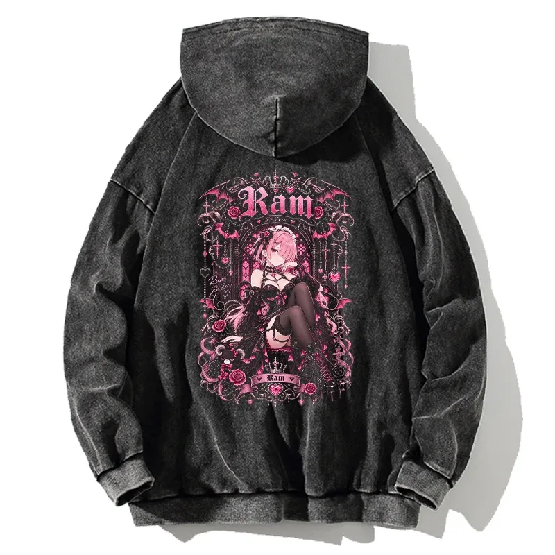 Anime Re:Zero Ram Gothic Hoodies Vintage Washed Streetwear Lalaki Babae Damit Taglagas Mahabang Manggas Oversized 100% Cotton Hooded Top — image 2