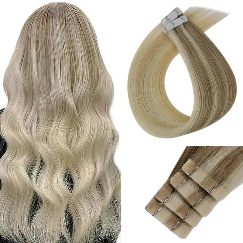 Moresoo Injection Tape Hair Extensions Ash Blonde Highlight Virgin Hair Φυσική ίσια ταινία Brazilian in Human Hair Extension
