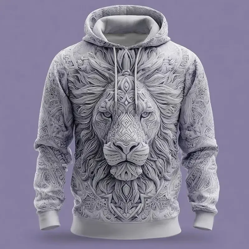2026 Fall Winter Men's Vintage Animal Lion 3D Prints Hooded Hoodies Sweatshirt Long Sleeve Crew Neck Streetwear Drawstring Tops — image 7