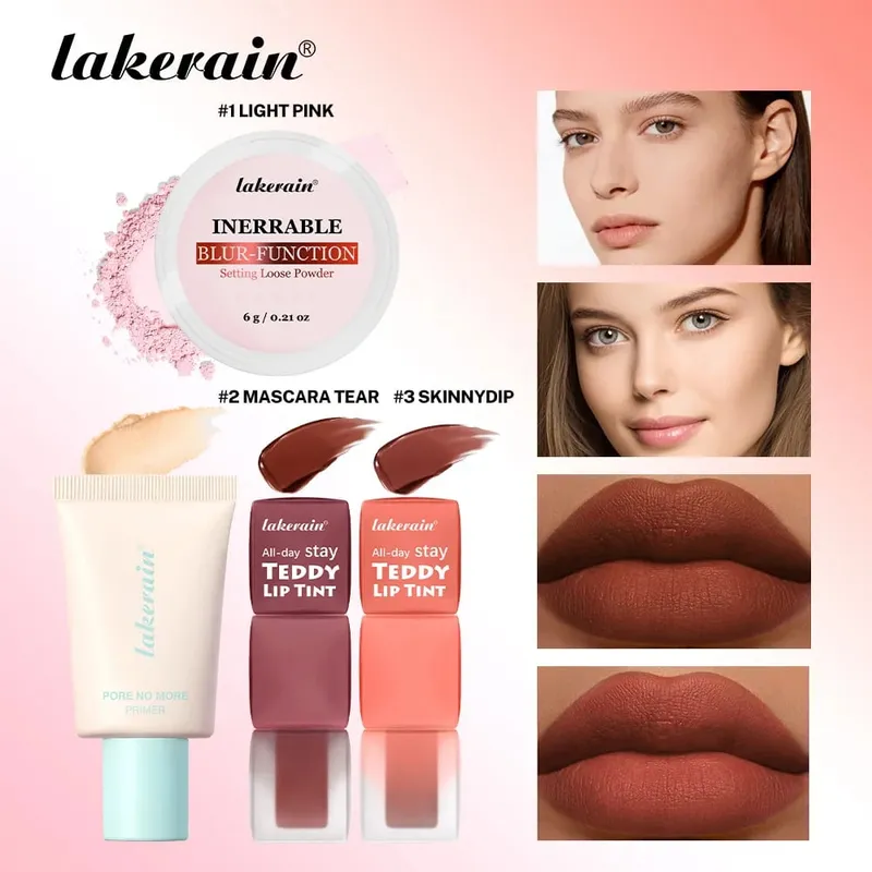 4 τμχ/σετ Pore No More Primer + Lip Tint + Loose Setting Powder Σετ μακιγιάζ Ματ μακράς διαρκείας αδιάβροχο εφέ Ταξιδιωτικό φορητό — image 7